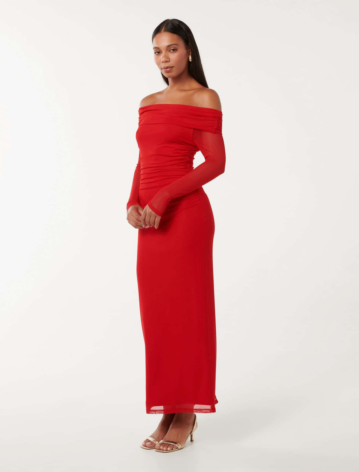 Minnie Mesh Bardot Midi Dress Red