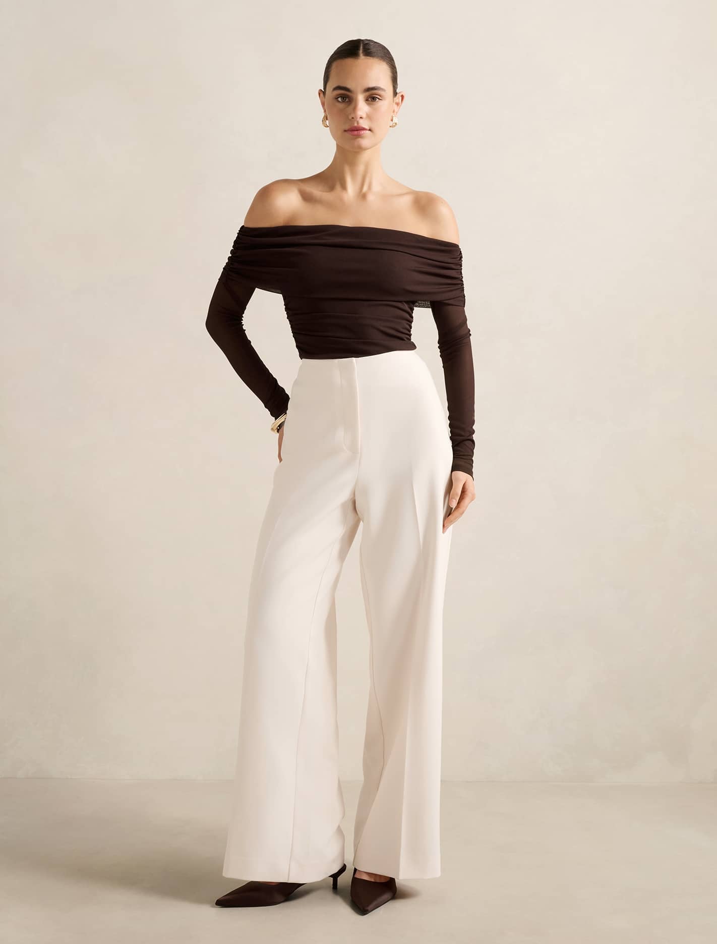 Kaia Ruched Mesh Bardot Top Chocolate