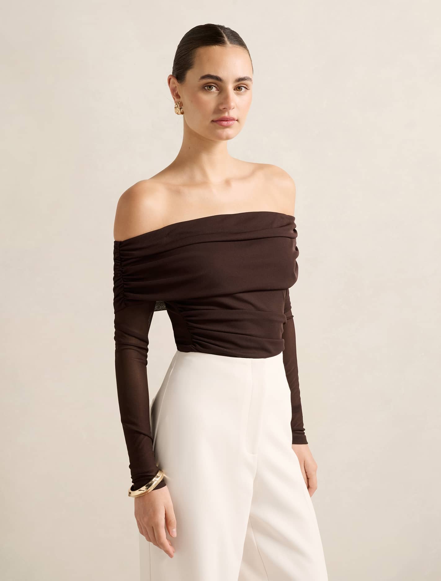 Kaia Ruched Mesh Bardot Top Chocolate