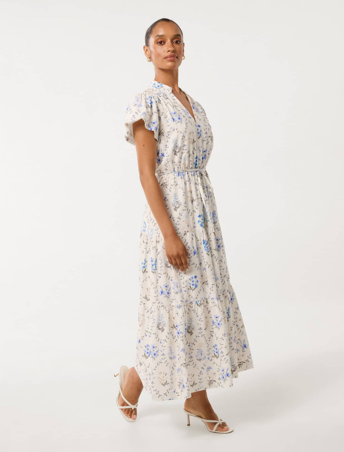 Jacqueline Petite Puff-Sleeve Midi Dress Blue Garden Trellis
