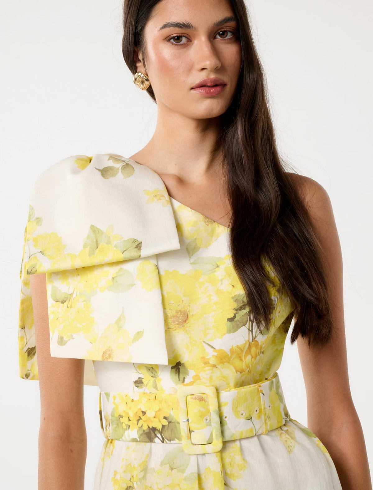 Lisa One Shoulder Ruffle Dress Gold Warrantina Floral