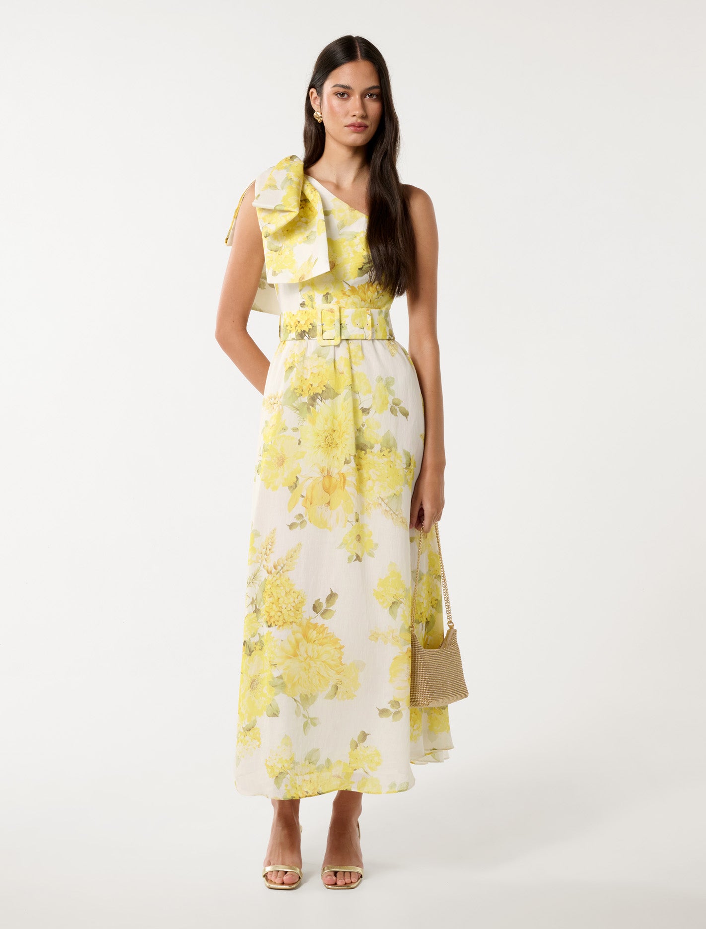 Lisa One Shoulder Ruffle Dress Gold Warrantina Floral