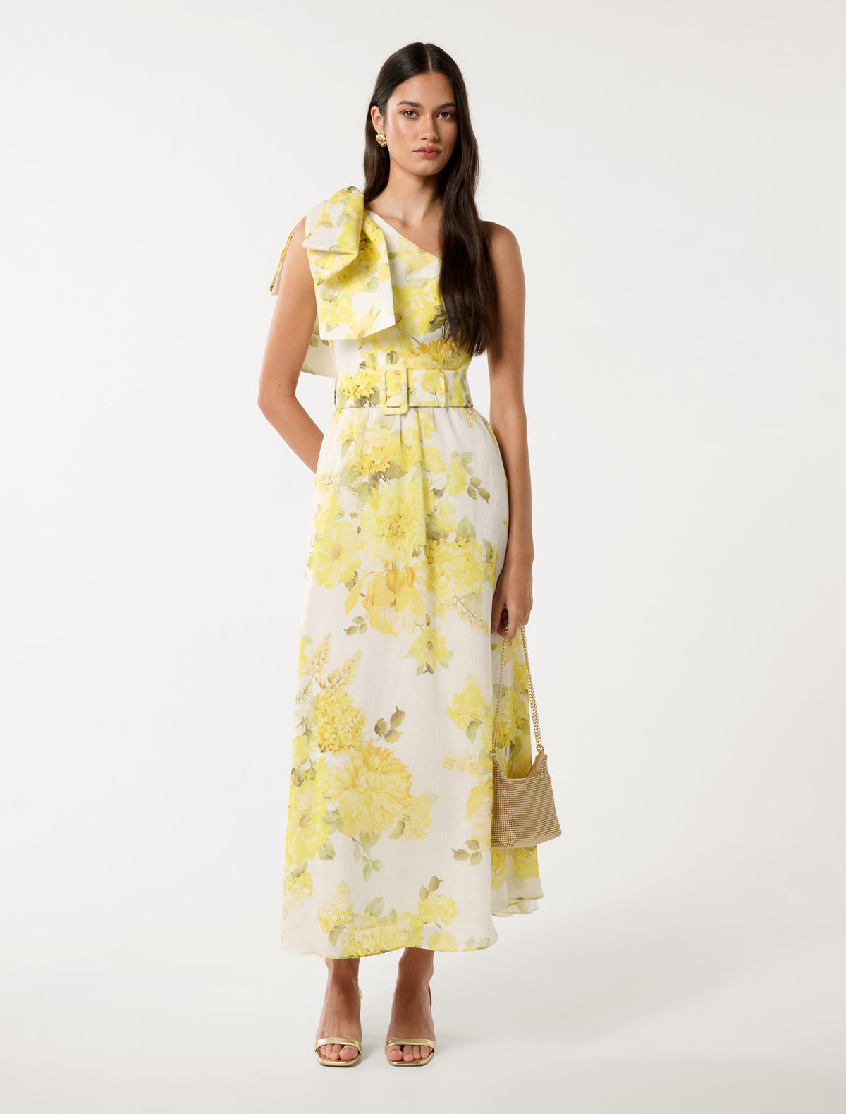 Lisa One Shoulder Ruffle Dress Gold Warrantina Floral
