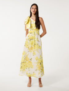 Lisa One Shoulder Ruffle Dress Gold Warrantina Floral