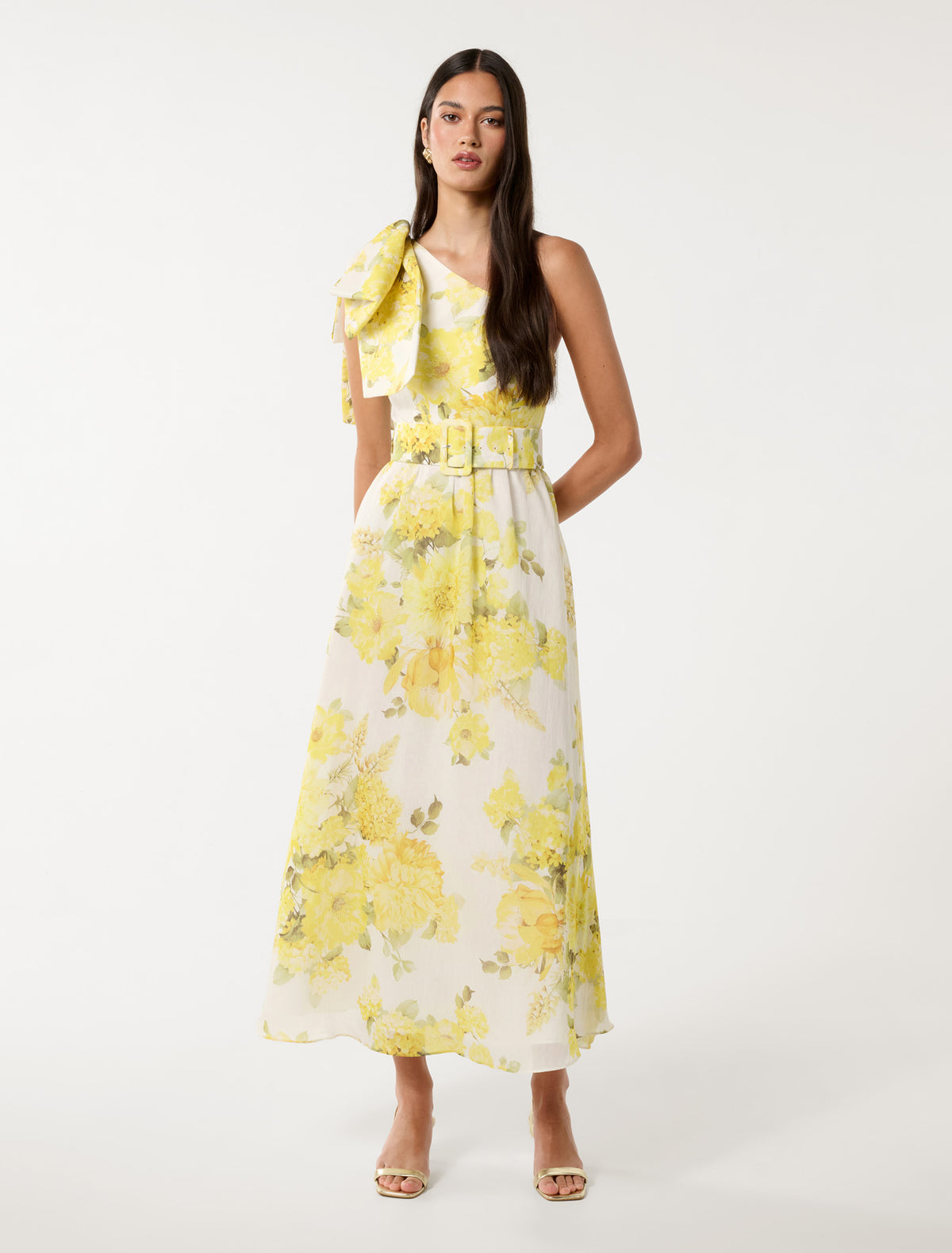 Lisa One Shoulder Ruffle Dress Gold Warrantina Floral