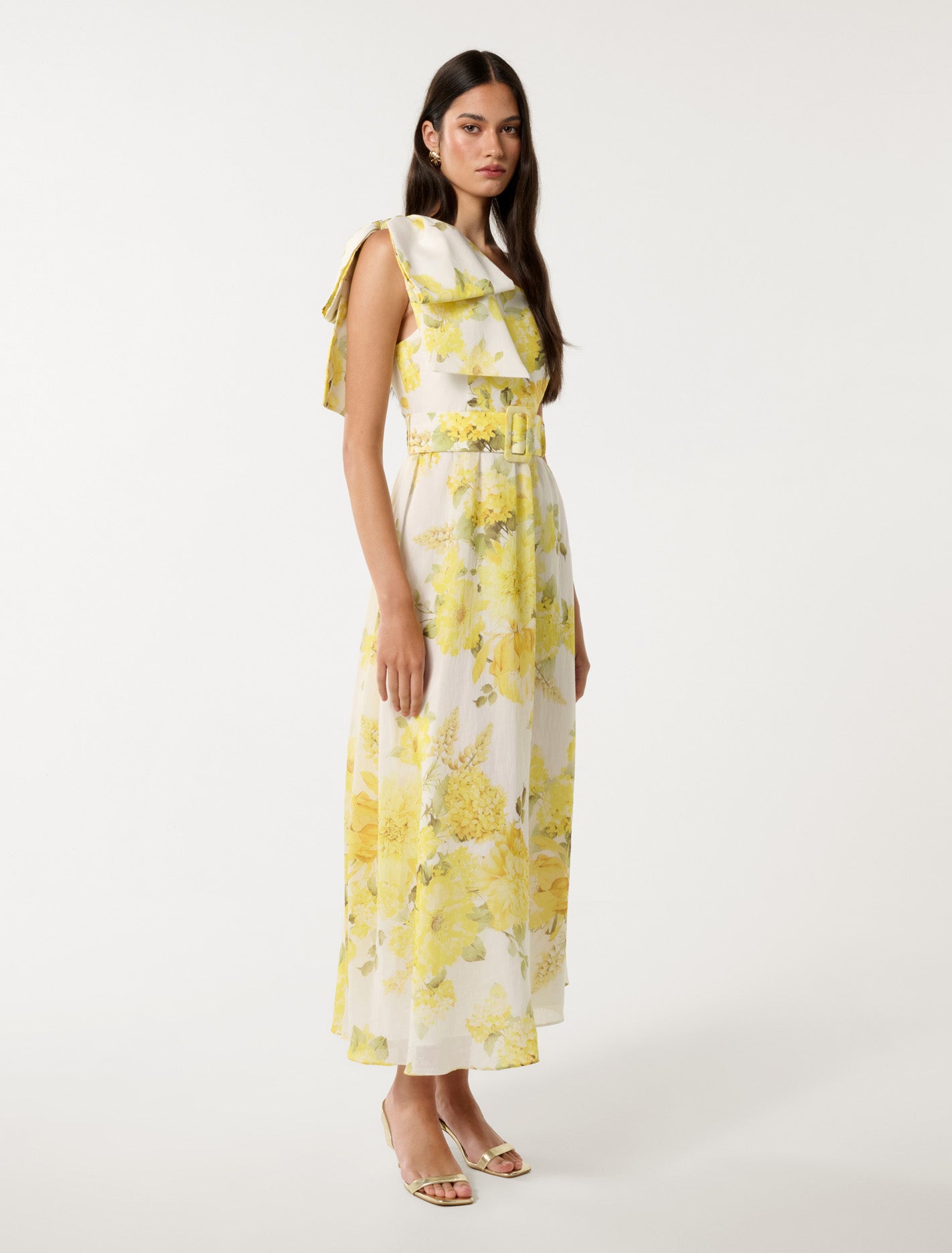 Lisa One Shoulder Ruffle Dress Gold Warrantina Floral