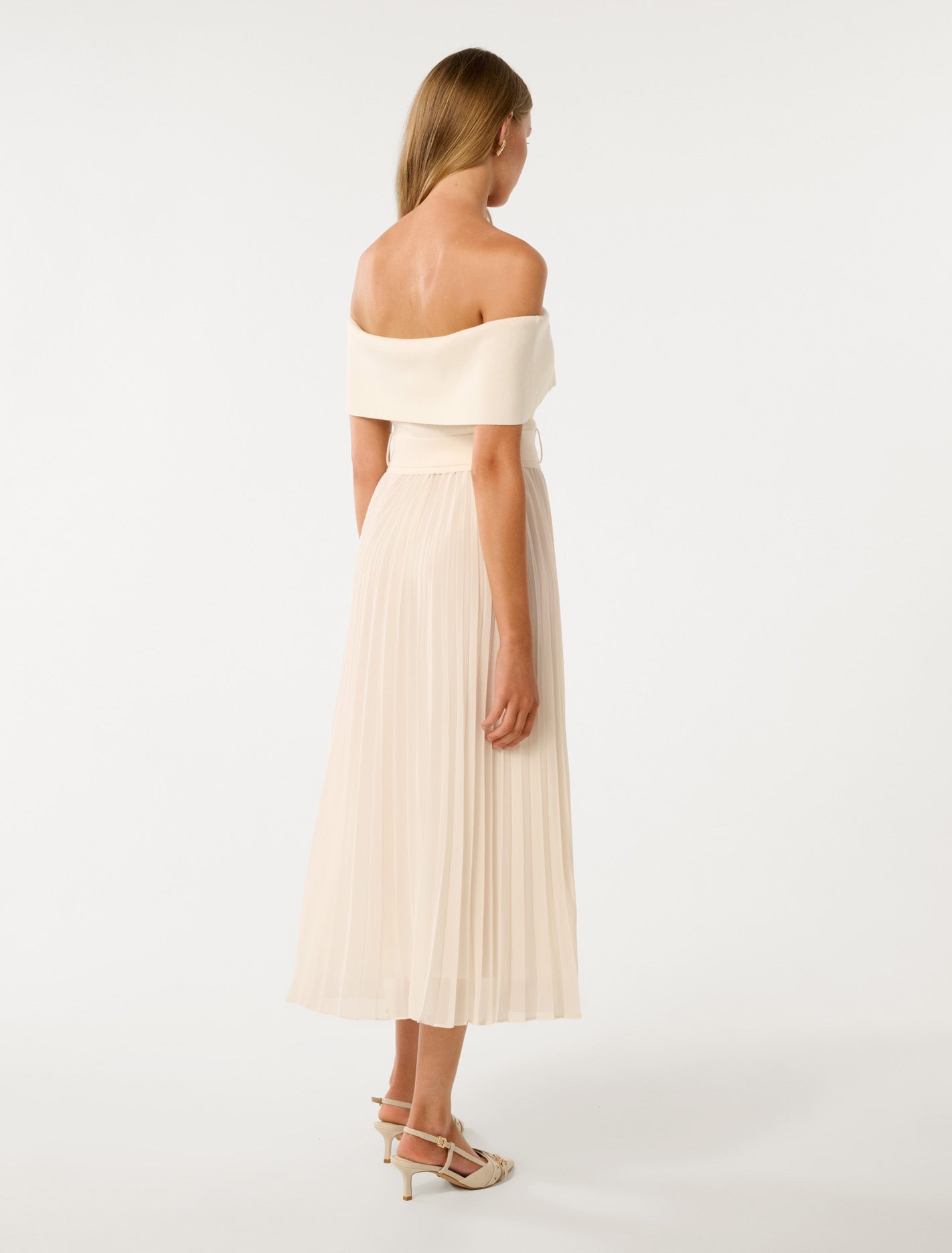 Capri Bardot Pleat Hem Midi Dress Cream