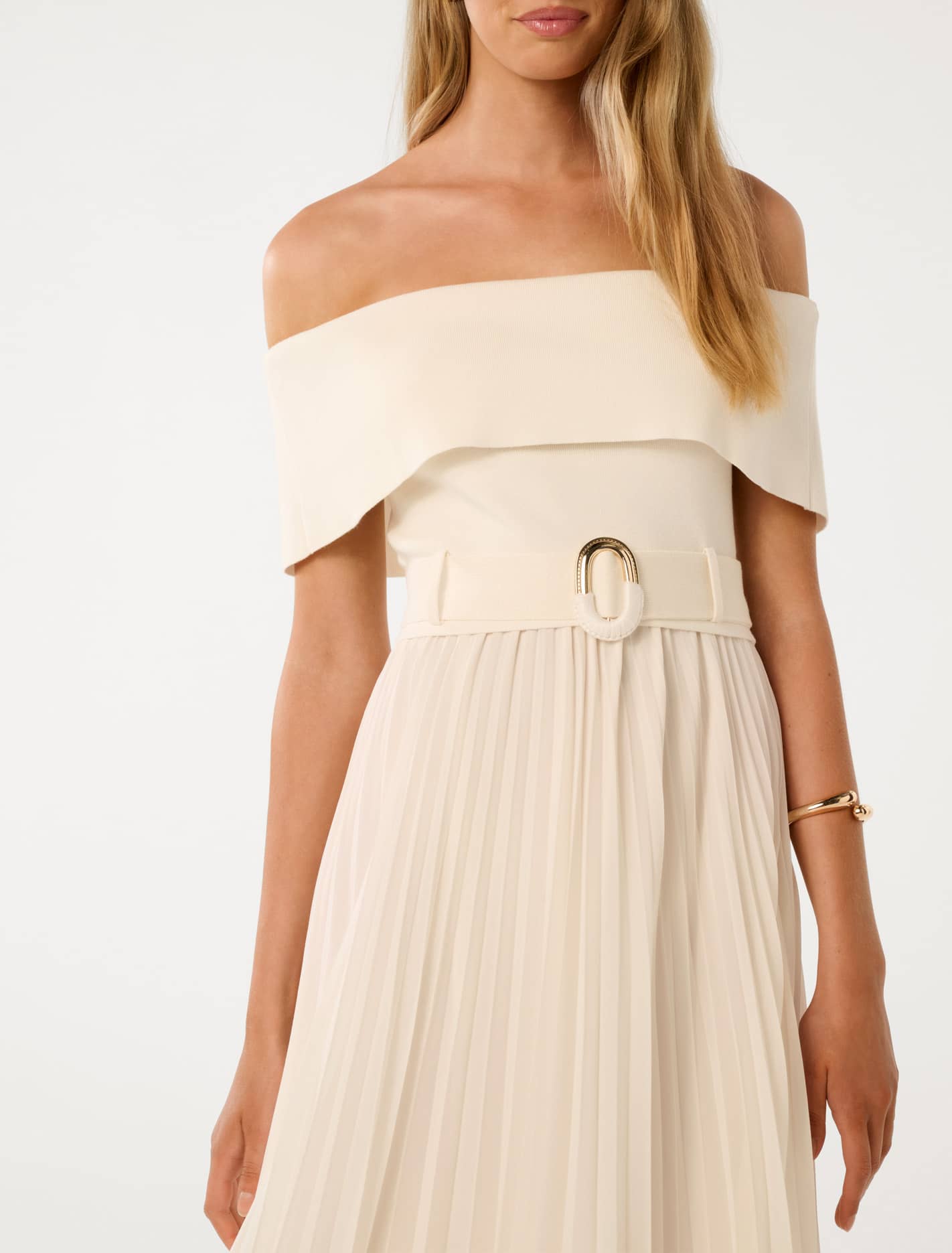 Capri Bardot Pleat Hem Midi Dress Cream