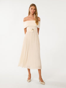 Capri Bardot Pleat Hem Midi Dress Cream