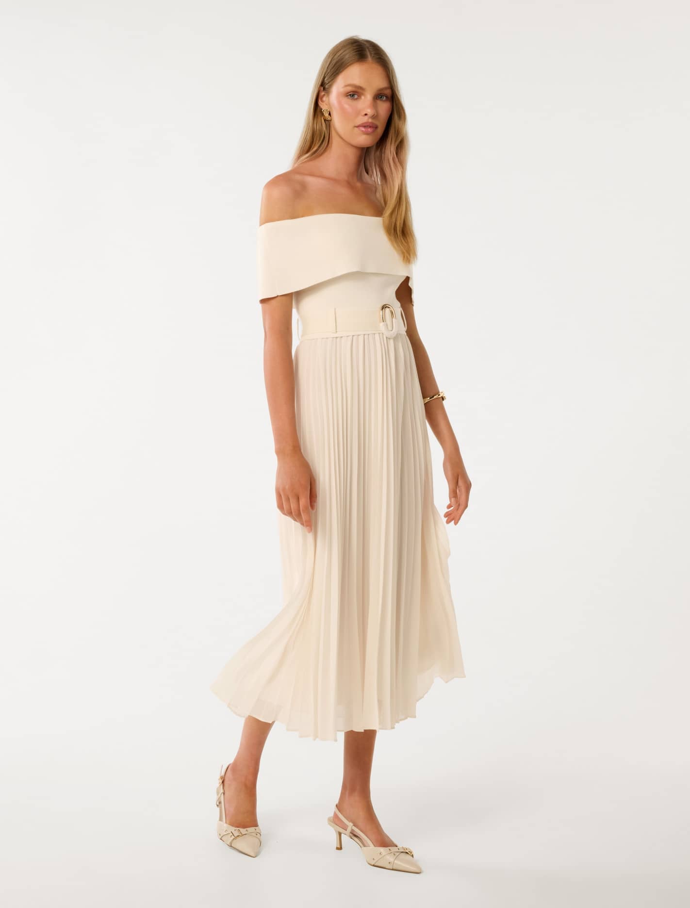 Capri Bardot Pleat Hem Midi Dress Cream
