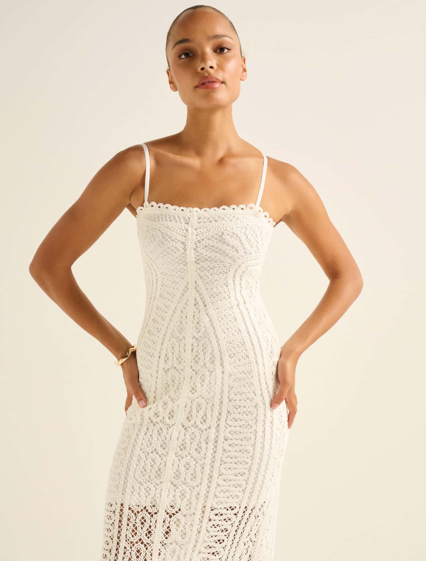 Arianna Crochet Midi Dress Porcelain