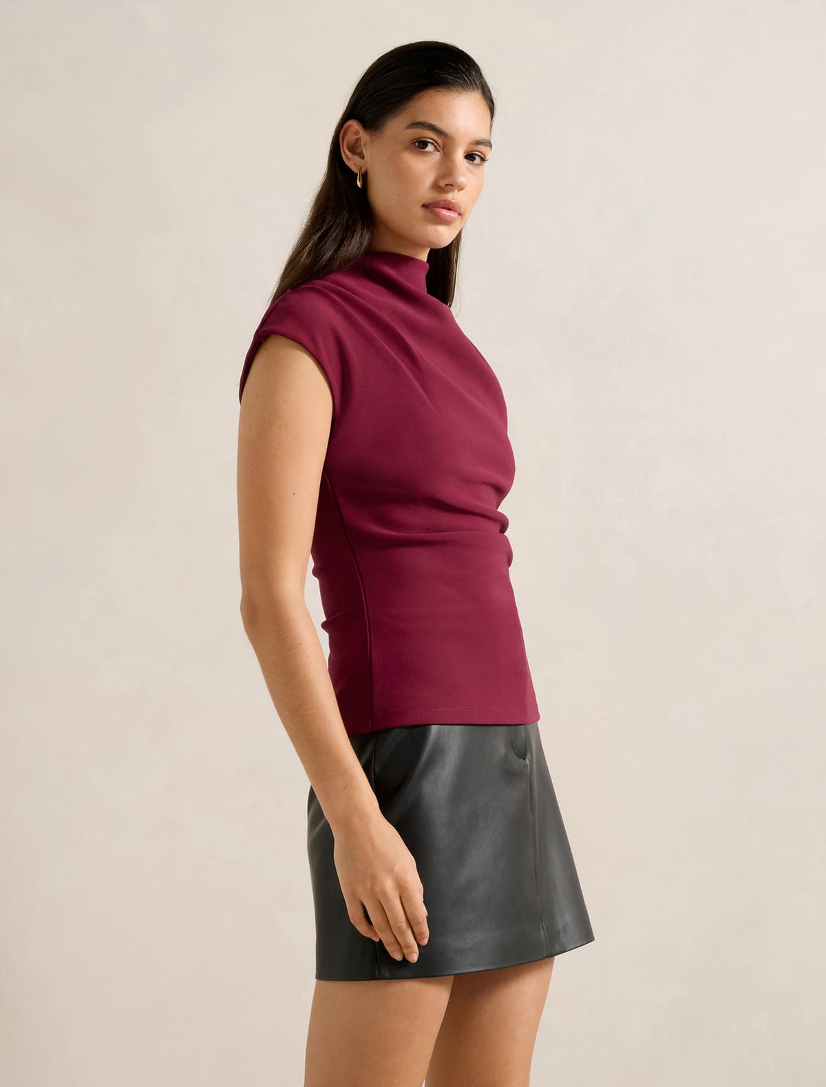 Leenah Grown On Neck Crepe Top Dark Plum