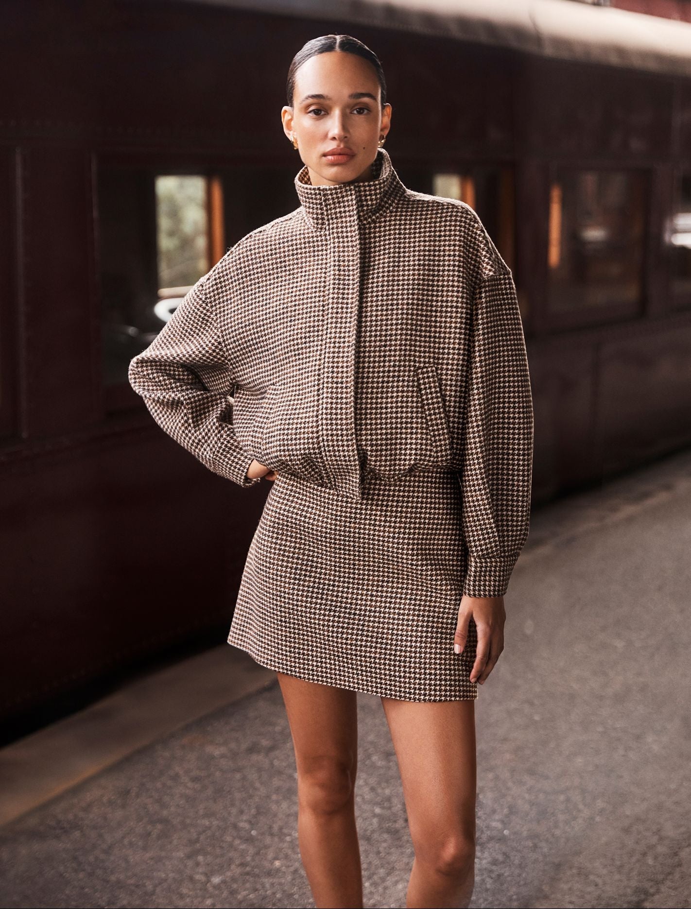 Kaia Check Crop Jacket Mocha Check Set