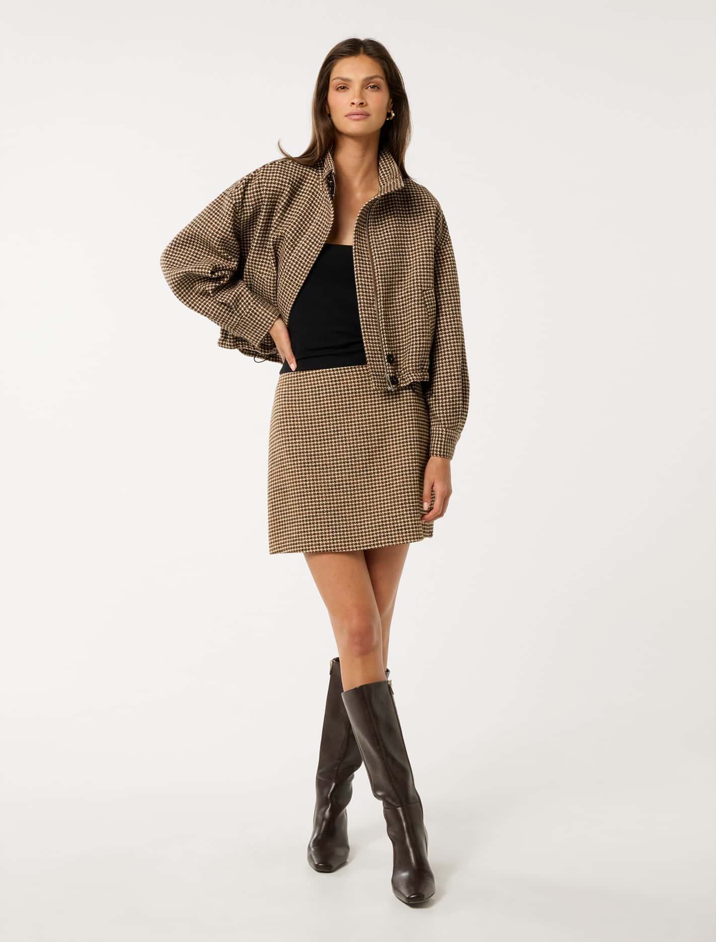 Kaia Check Crop Jacket Mocha Check Set