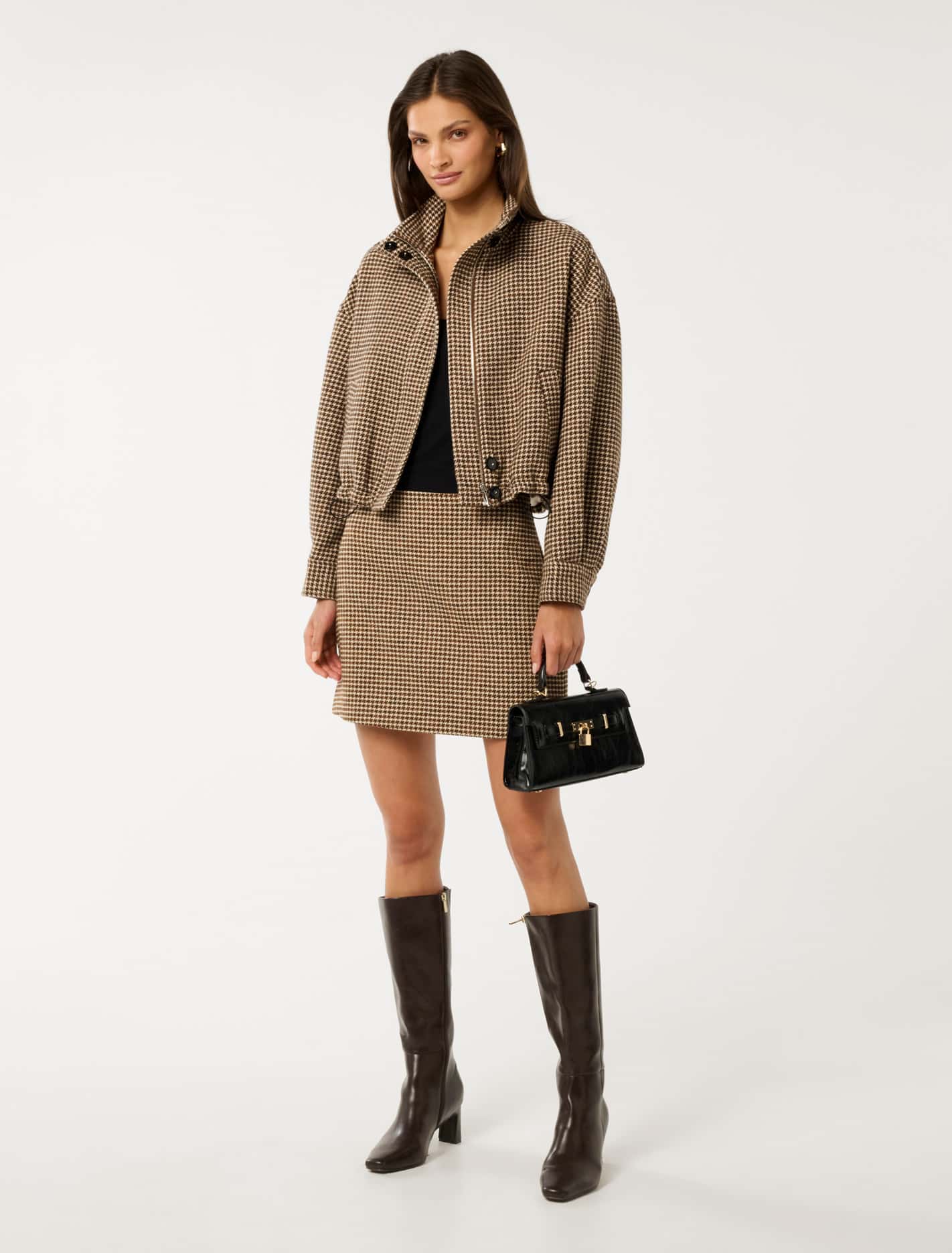 Kaia Check Crop Jacket Mocha Check Set