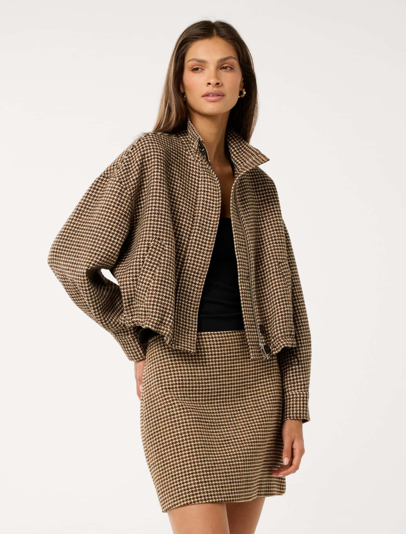 Kaia Check Crop Jacket Mocha Check Set