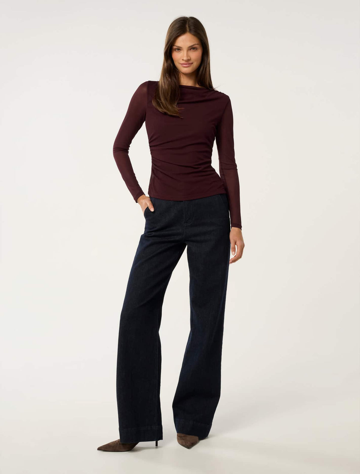 Raegan Ruched Mesh Top Deep Maroon