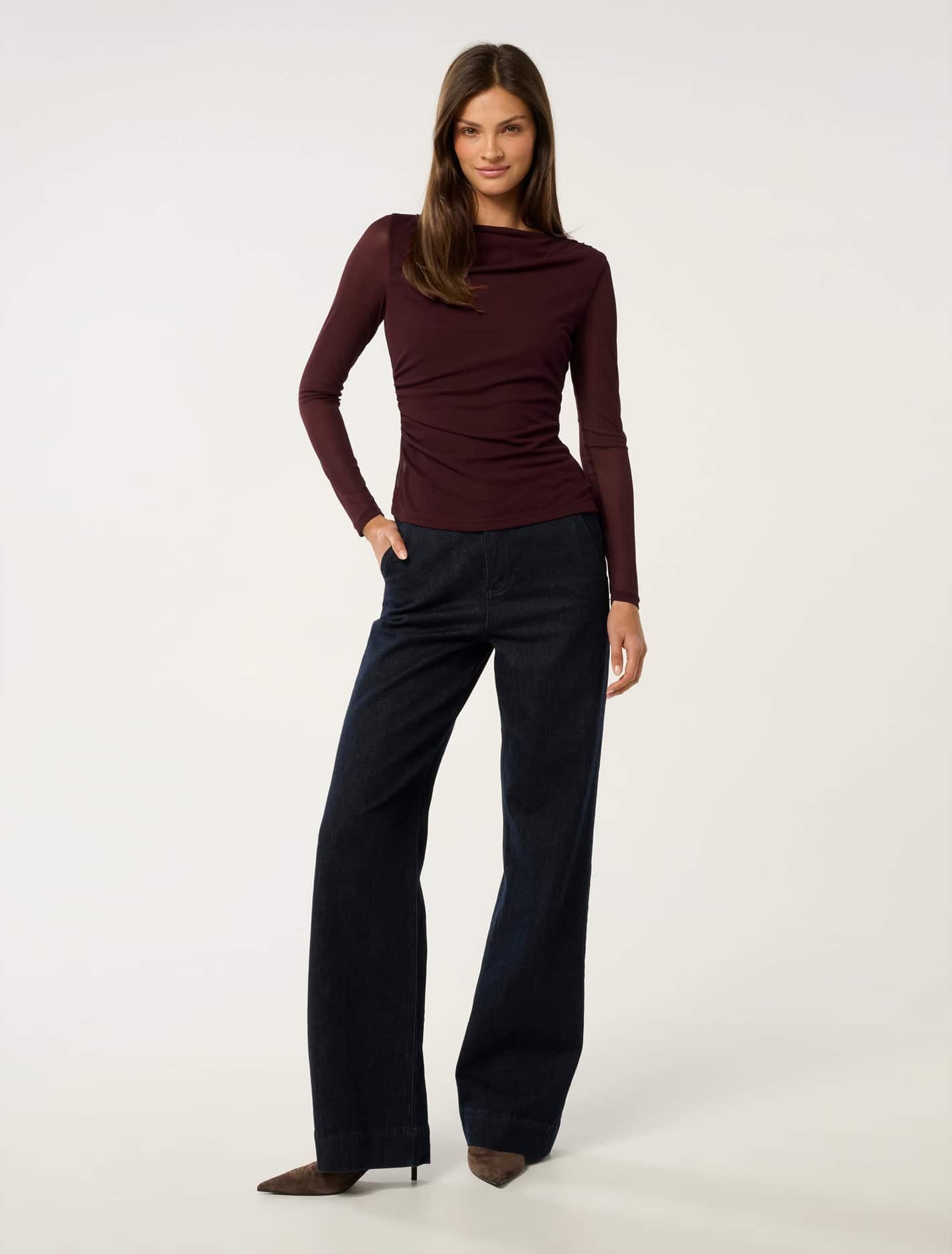 Raegan Ruched Mesh Top Deep Maroon