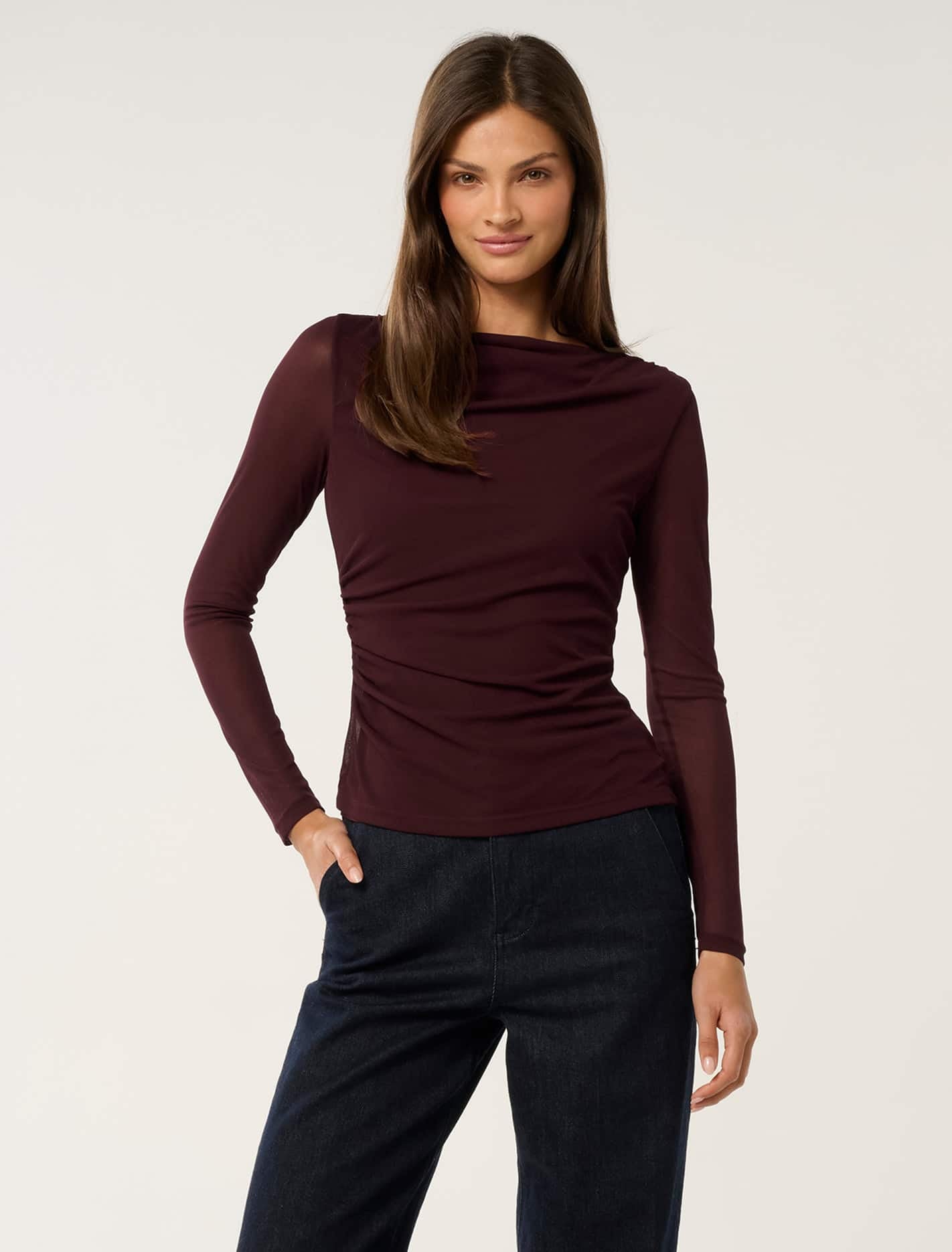 Raegan Ruched Mesh Top Deep Maroon