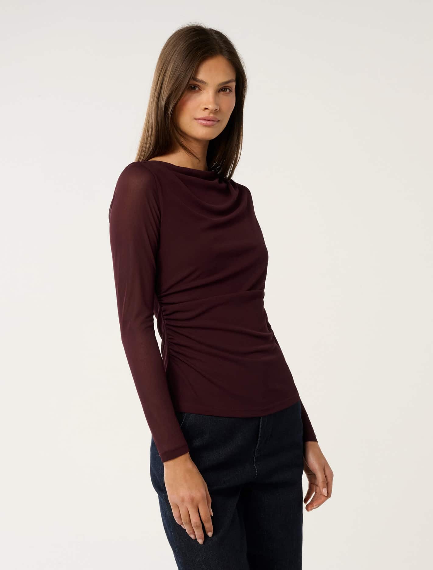 Raegan Ruched Mesh Top Deep Maroon