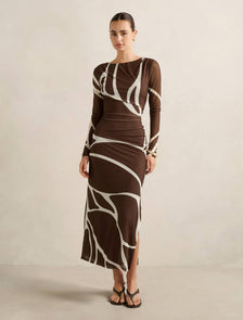 Alannah Mesh Long Sleeve Midi Dress Dark Sabine