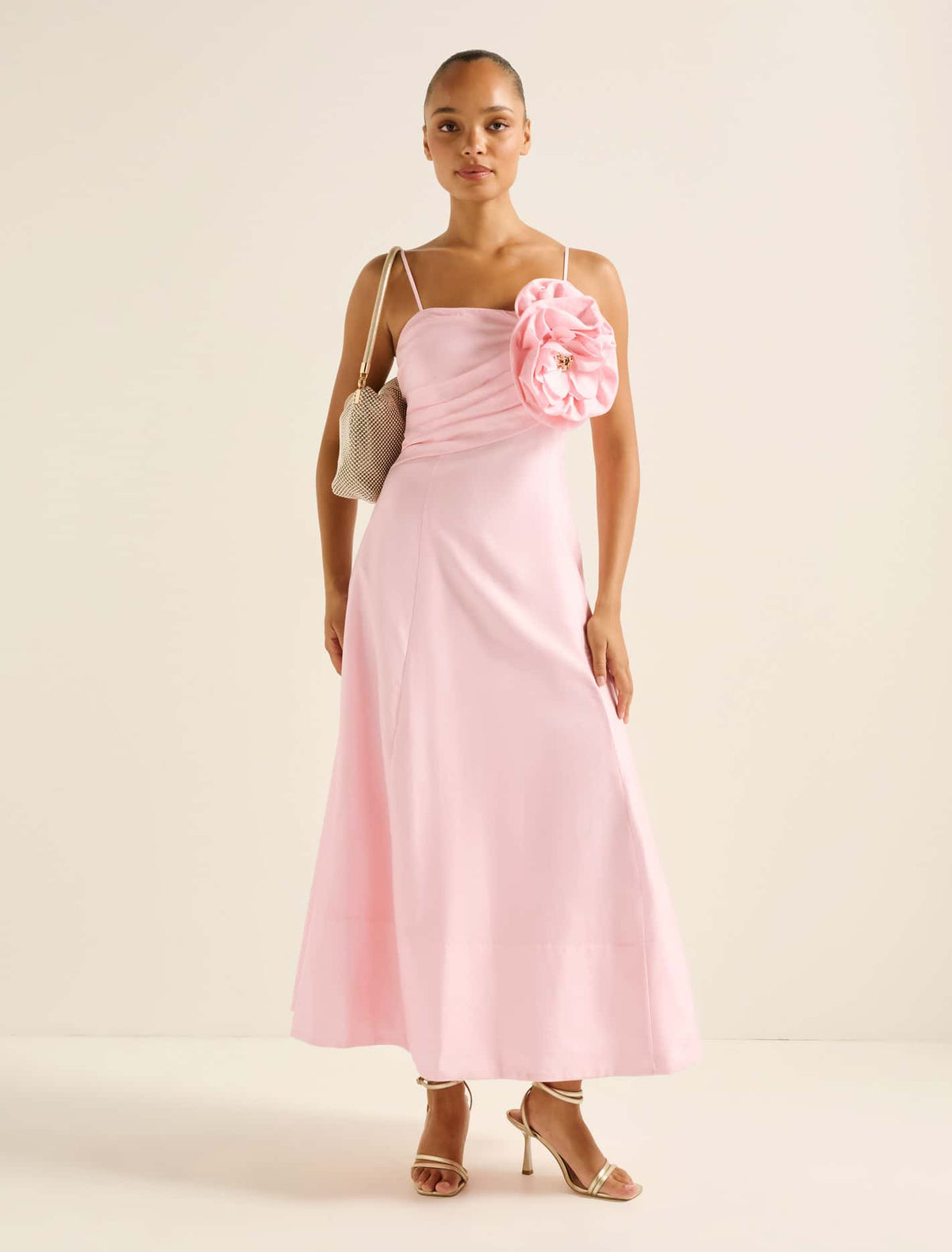 Felicia Flower Detail Midi Dress Soft Pink