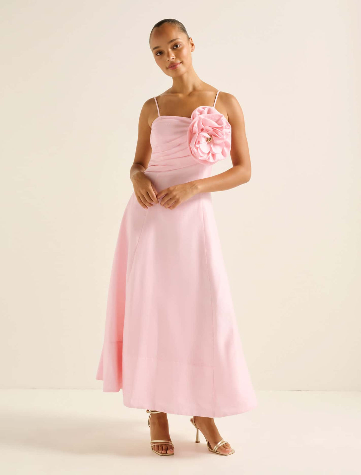 Felicia Flower Detail Midi Dress Soft Pink