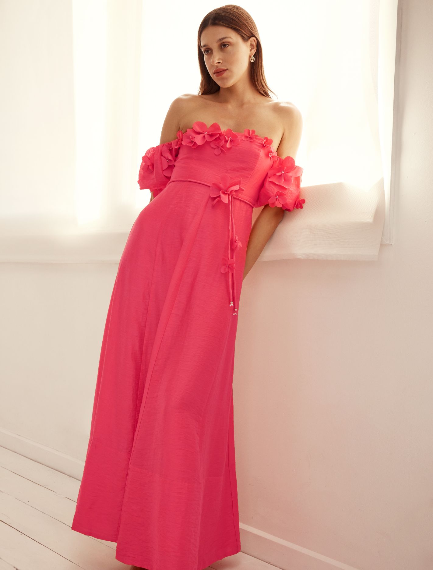 Cora Floral Applique Midi Dress Bright Pink