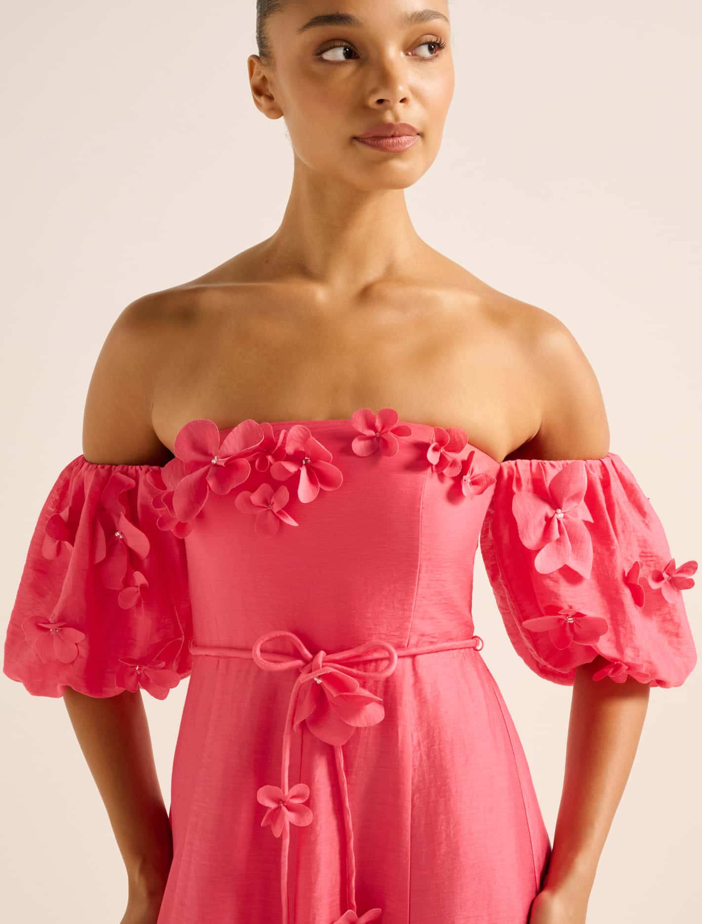 Cora Floral Applique Midi Dress Bright Pink