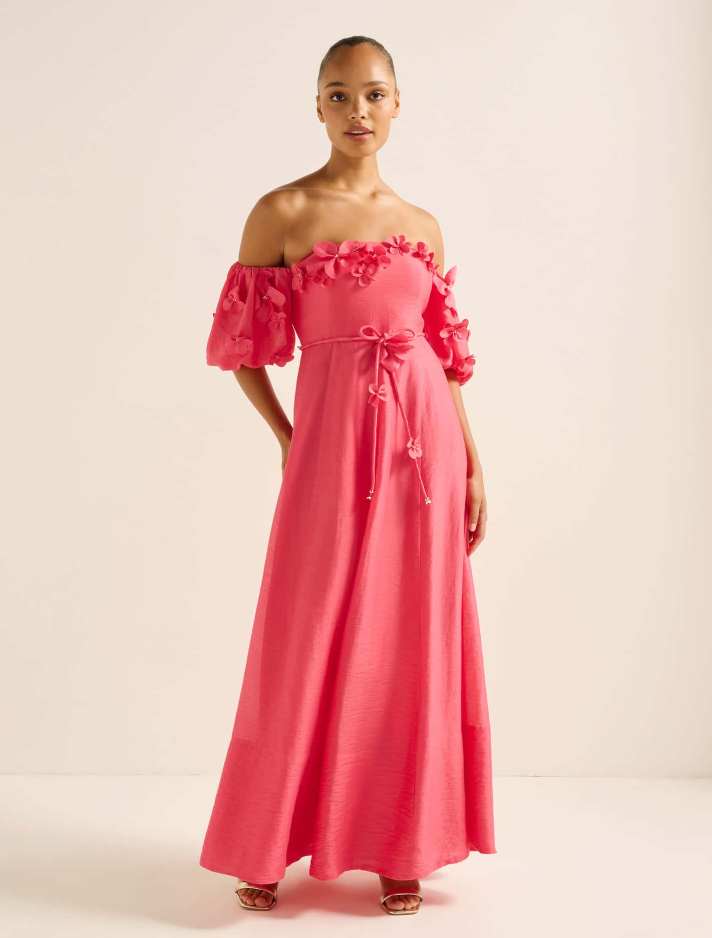 Cora Floral Applique Midi Dress Bright Pink