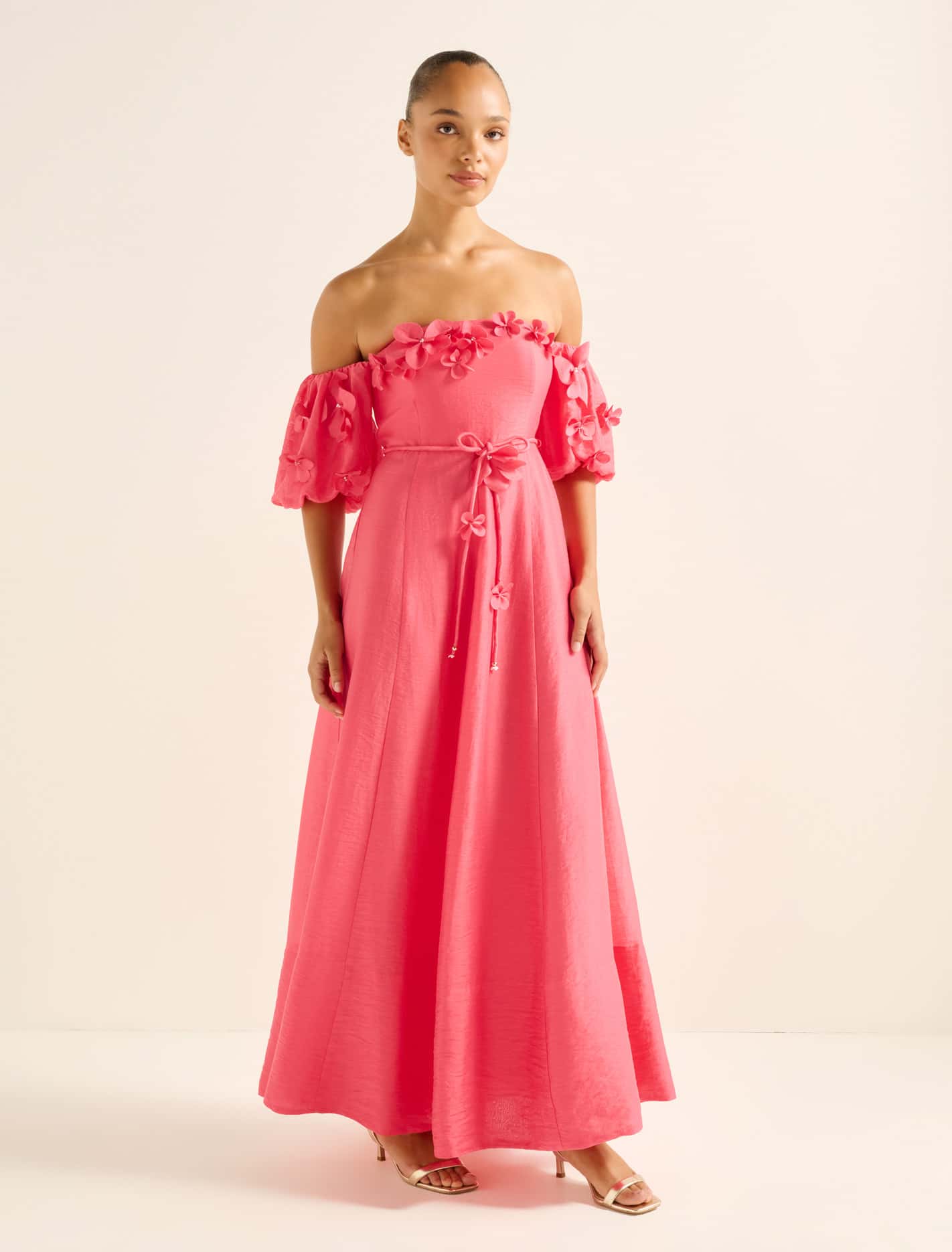 Cora Floral Applique Midi Dress Bright Pink