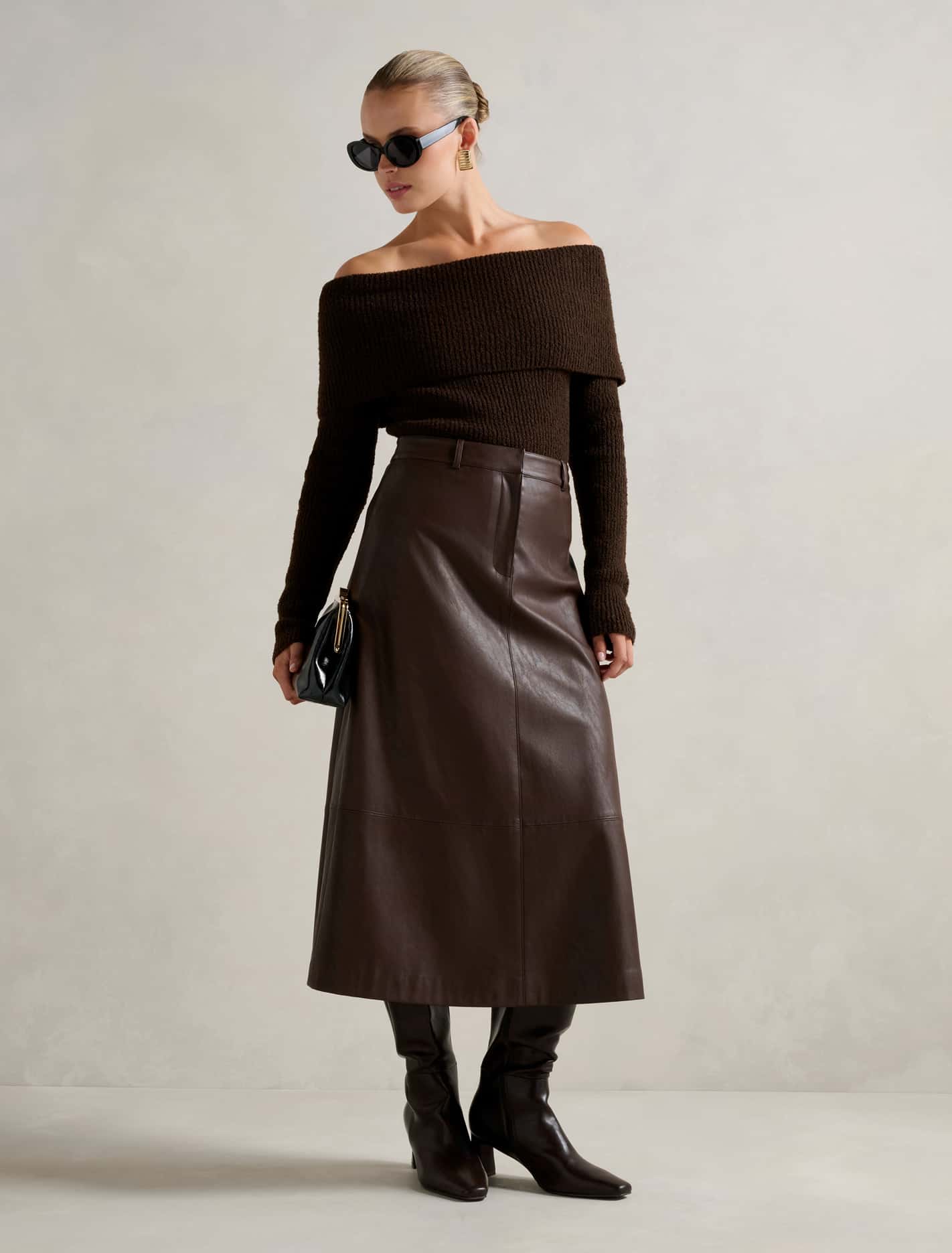 Jaelyn Vegan Leather Midi Skirt Dark Chocolate