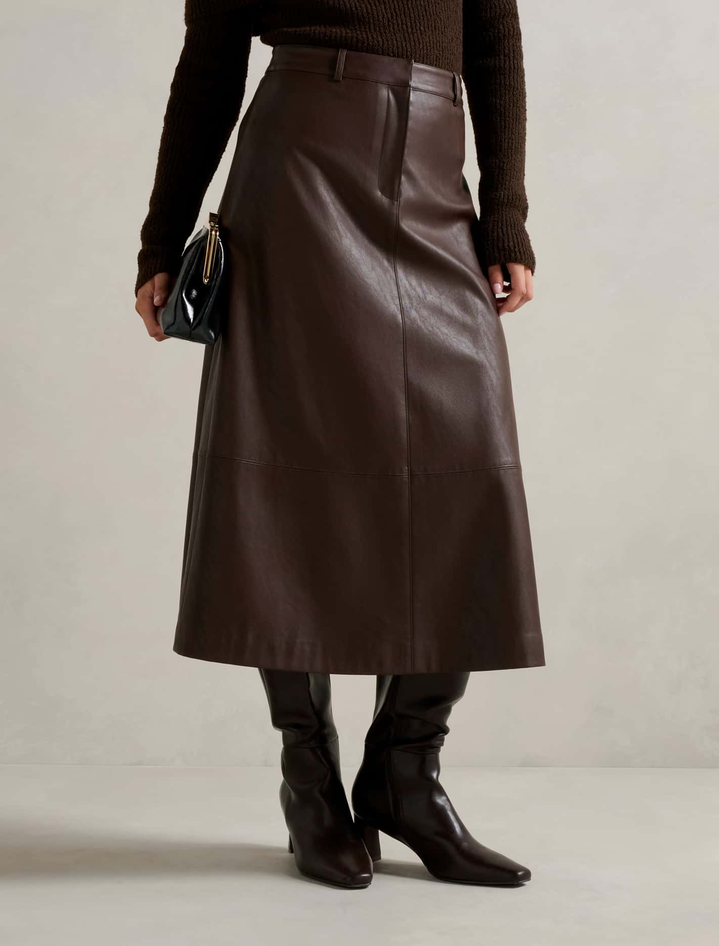Jaelyn Vegan Leather Midi Skirt Dark Chocolate