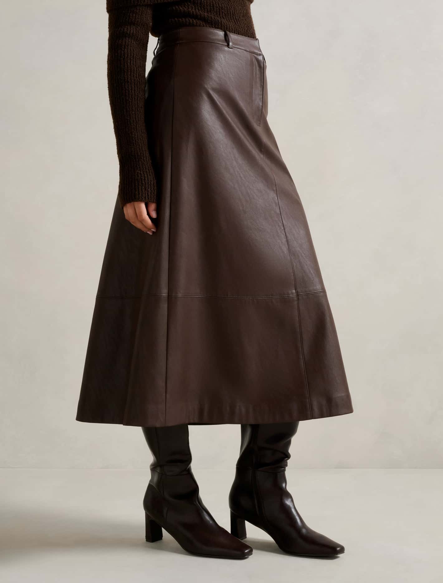 Jaelyn Vegan Leather Midi Skirt Dark Chocolate