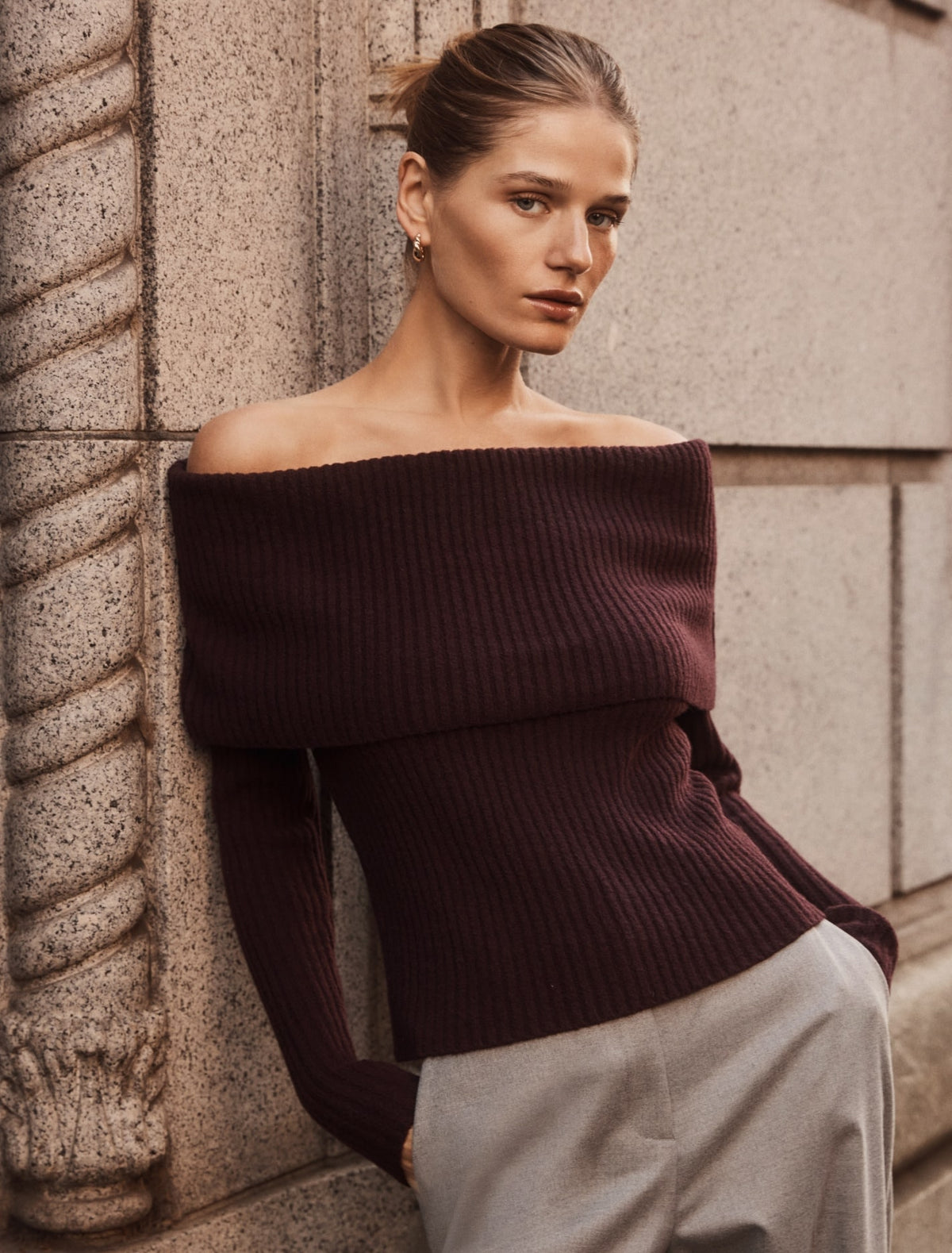 Ashley Ribbed Knit Bardot Top Deep Plum