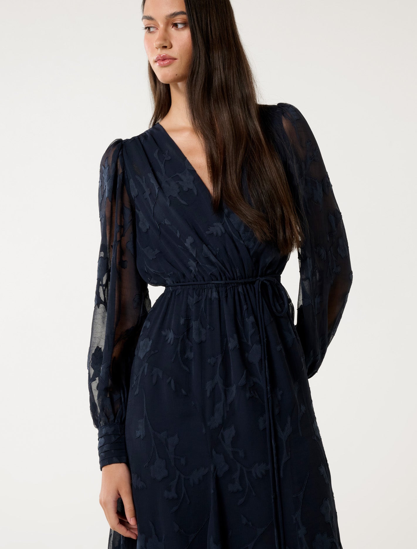 Solange Long-Sleeve Burnout Midi Dress Navy