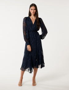 Solange Long-Sleeve Burnout Midi Dress Navy