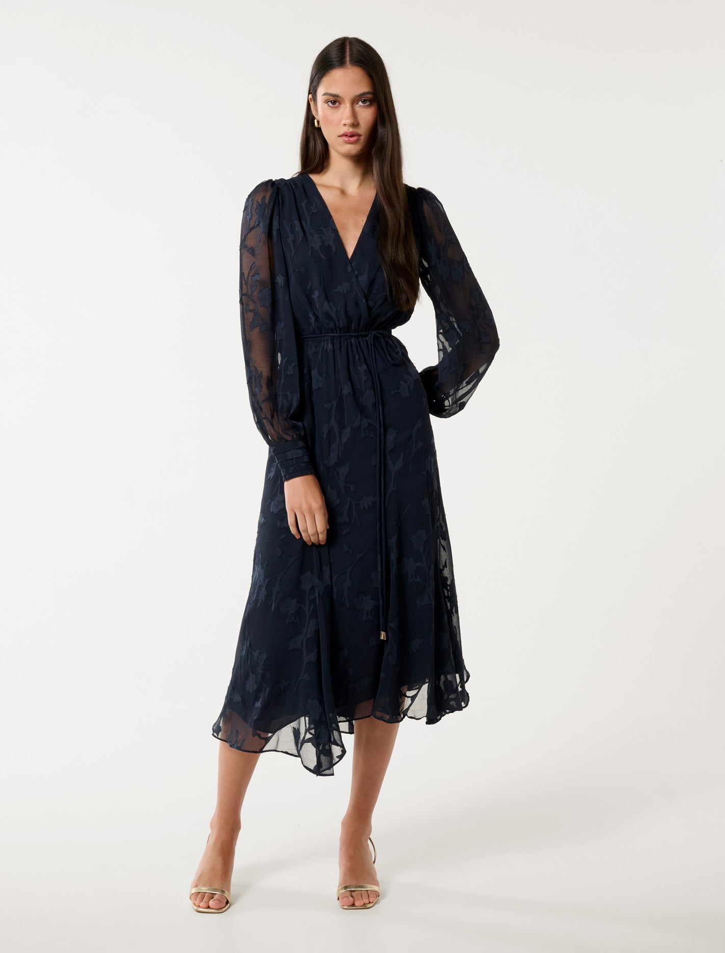 Solange Long-Sleeve Burnout Midi Dress Navy
