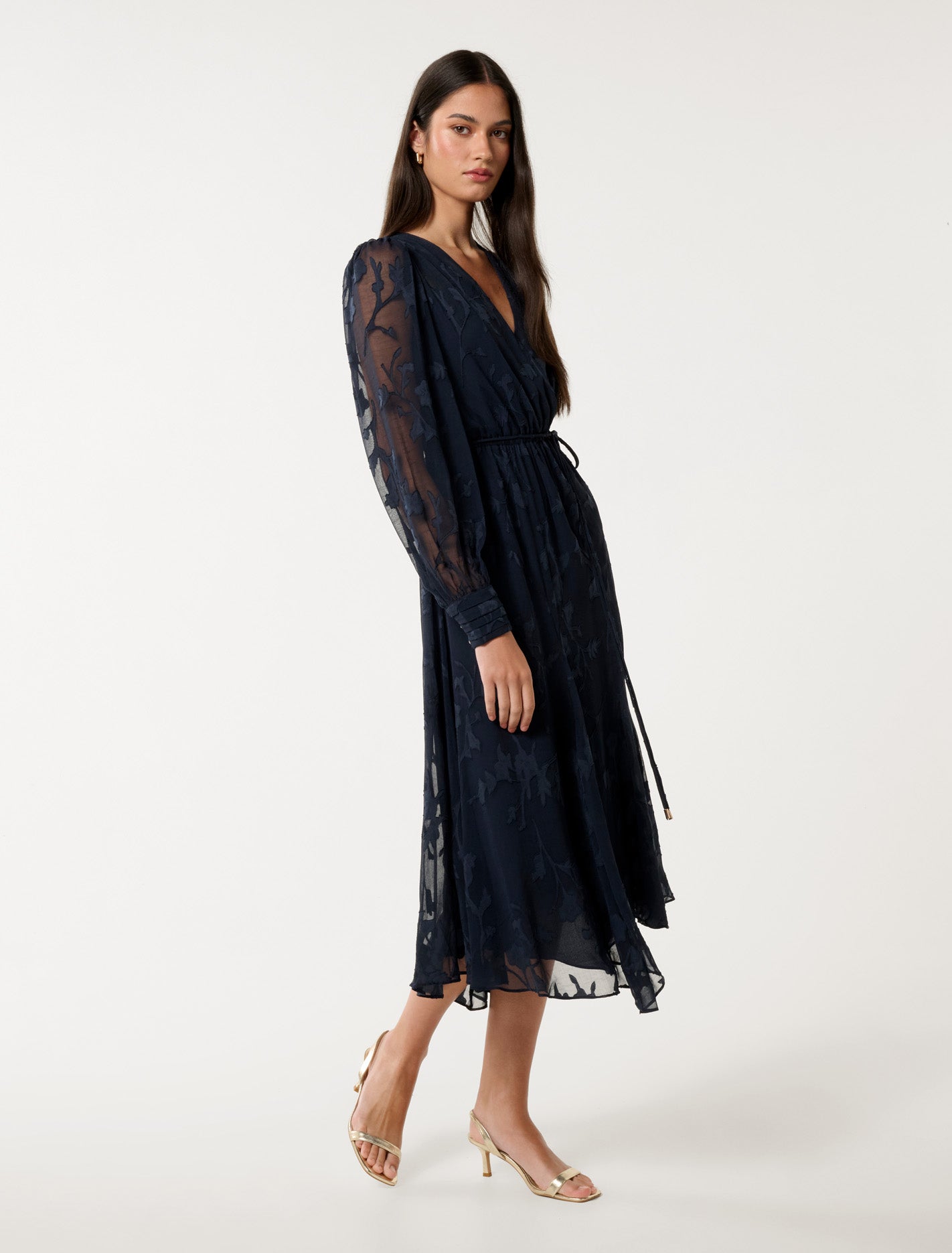 Solange Long-Sleeve Burnout Midi Dress Navy