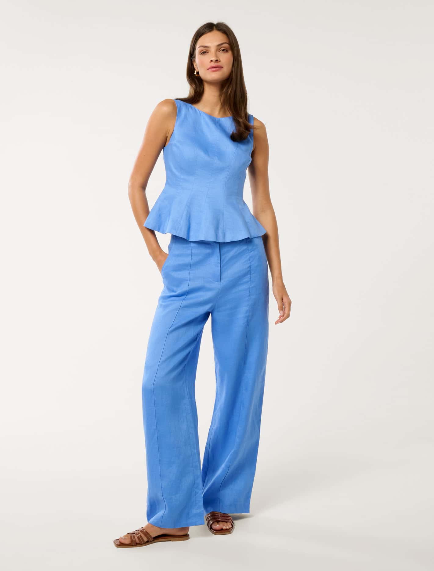 Penny Linen Wide Leg Pant Blue Lake Co-ord
