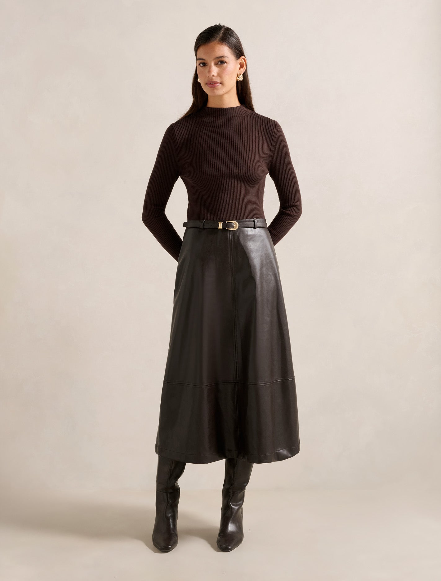 Brooklyn Faux Leather A Line Midi Dress Shadow Brown