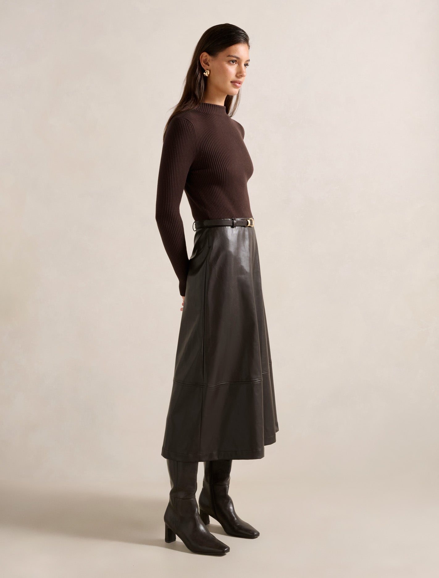 Brooklyn Faux Leather A Line Midi Dress Shadow Brown