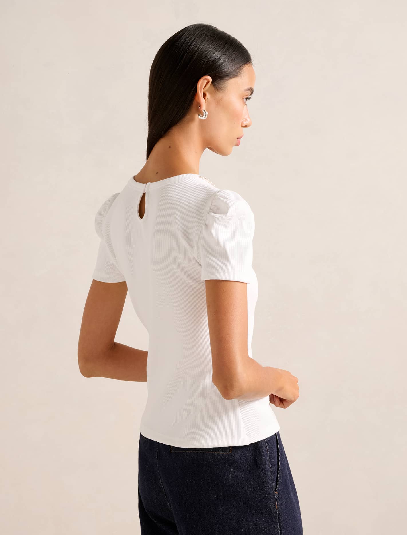Emilia Embellished Neck Tee Porcelain