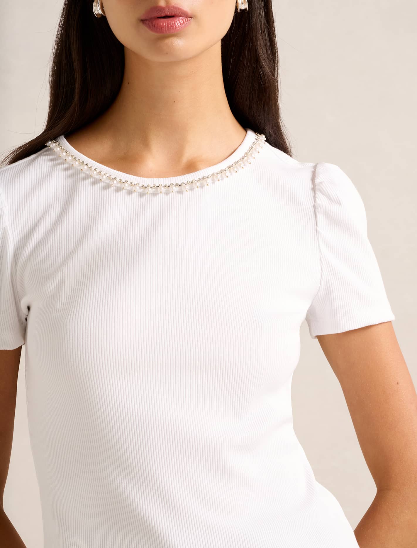Emilia Embellished Neck Tee Porcelain