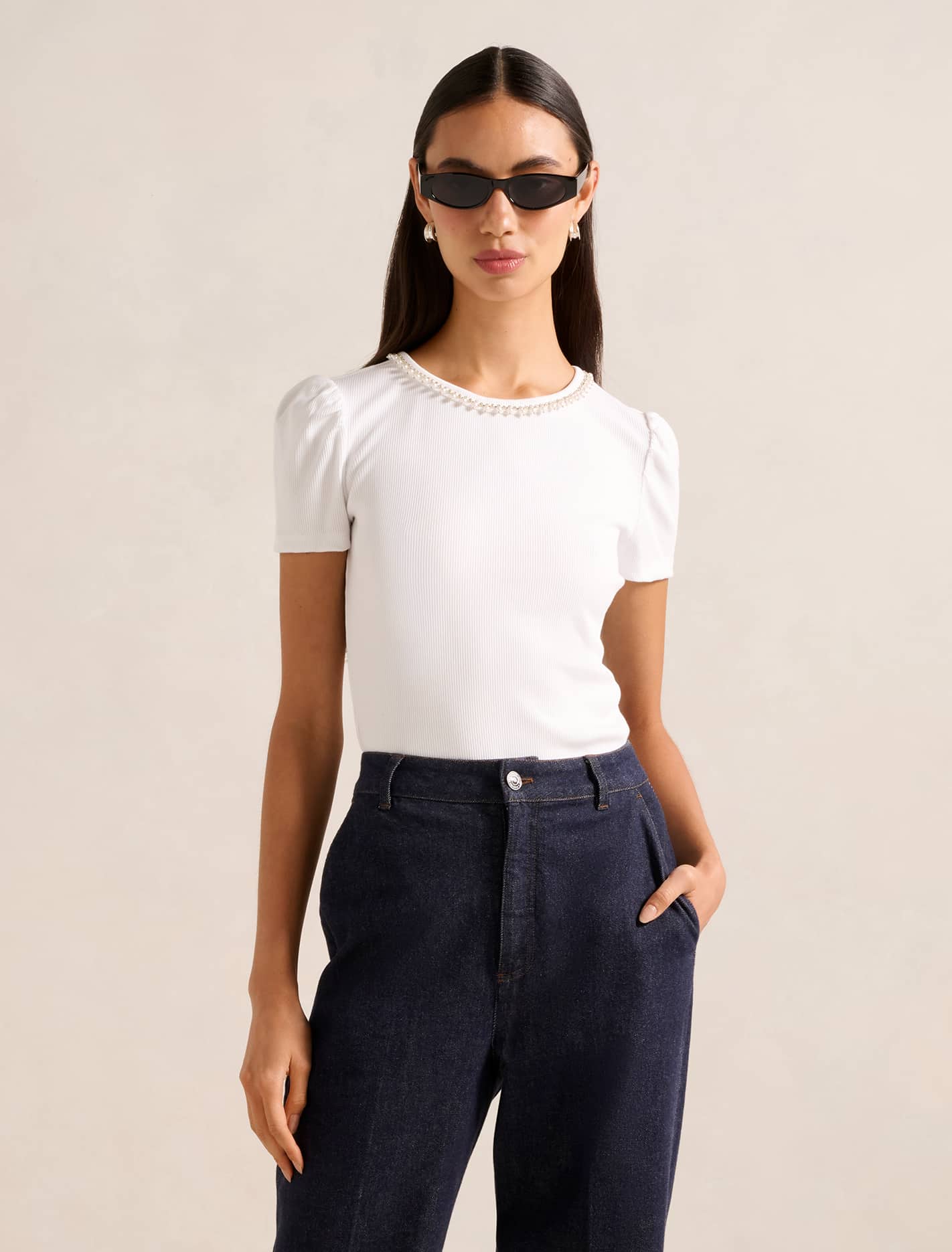 Emilia Embellished Neck Tee Porcelain