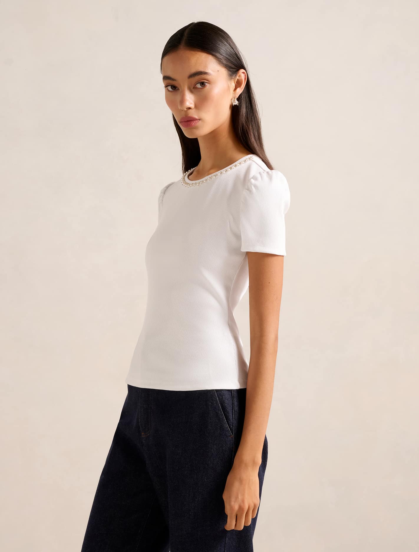 Emilia Embellished Neck Tee Porcelain