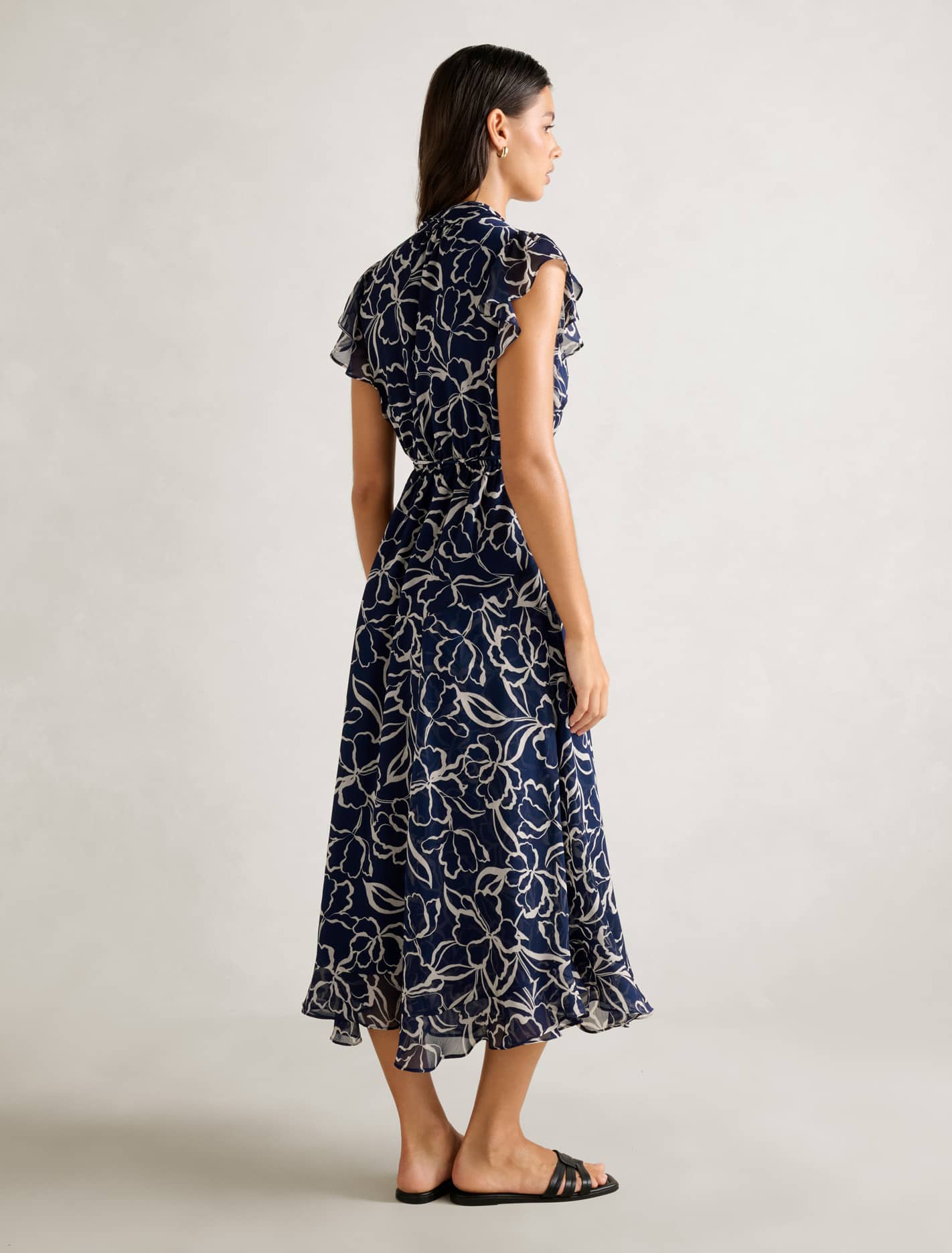 Maxwell Flutter-Sleeve Midi Dress Navy Myra Floral
