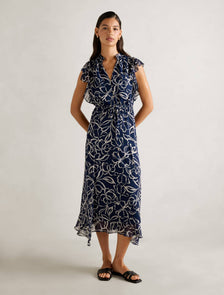 Maxwell Flutter-Sleeve Midi Dress Navy Myra Floral