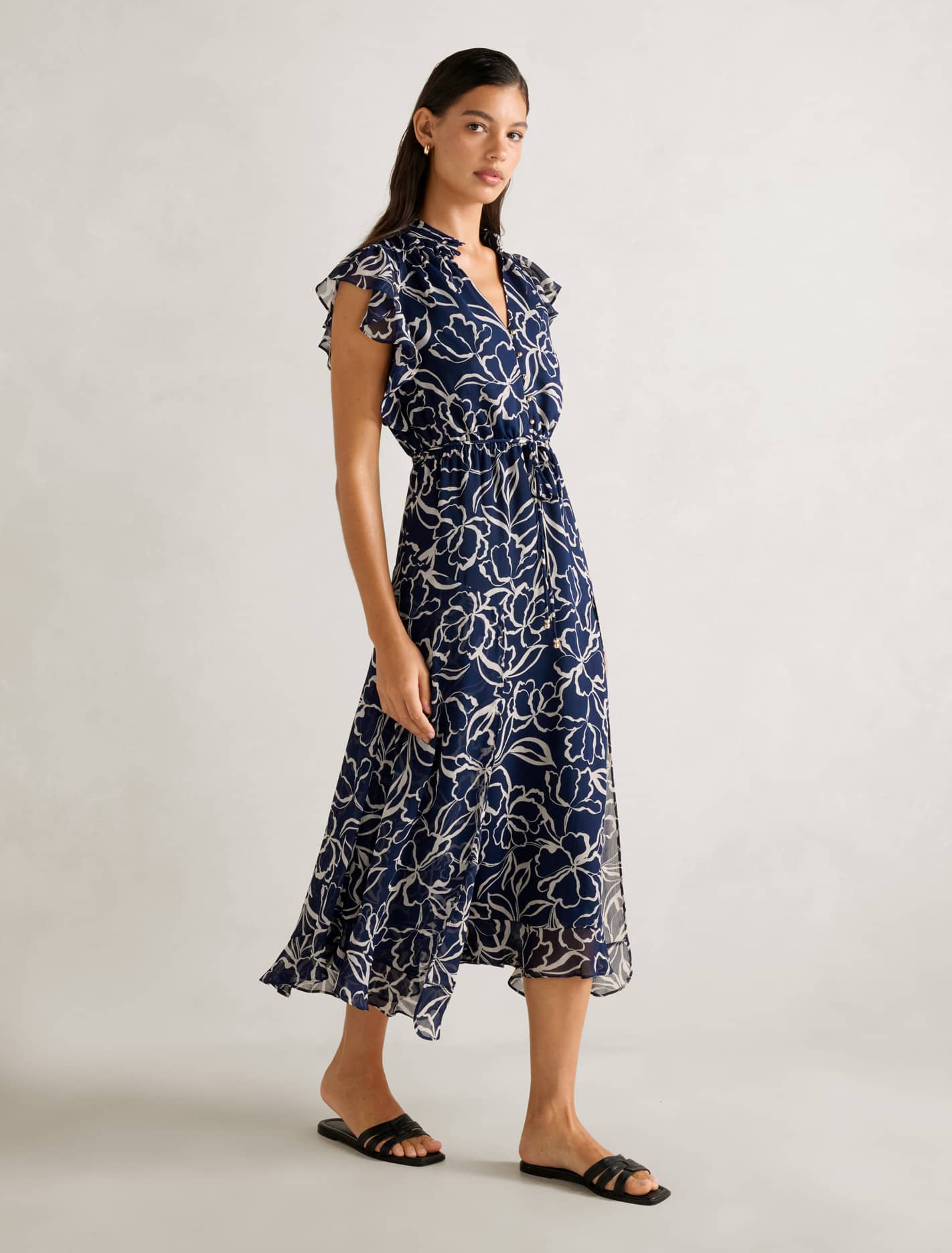 Maxwell Flutter-Sleeve Midi Dress Navy Myra Floral