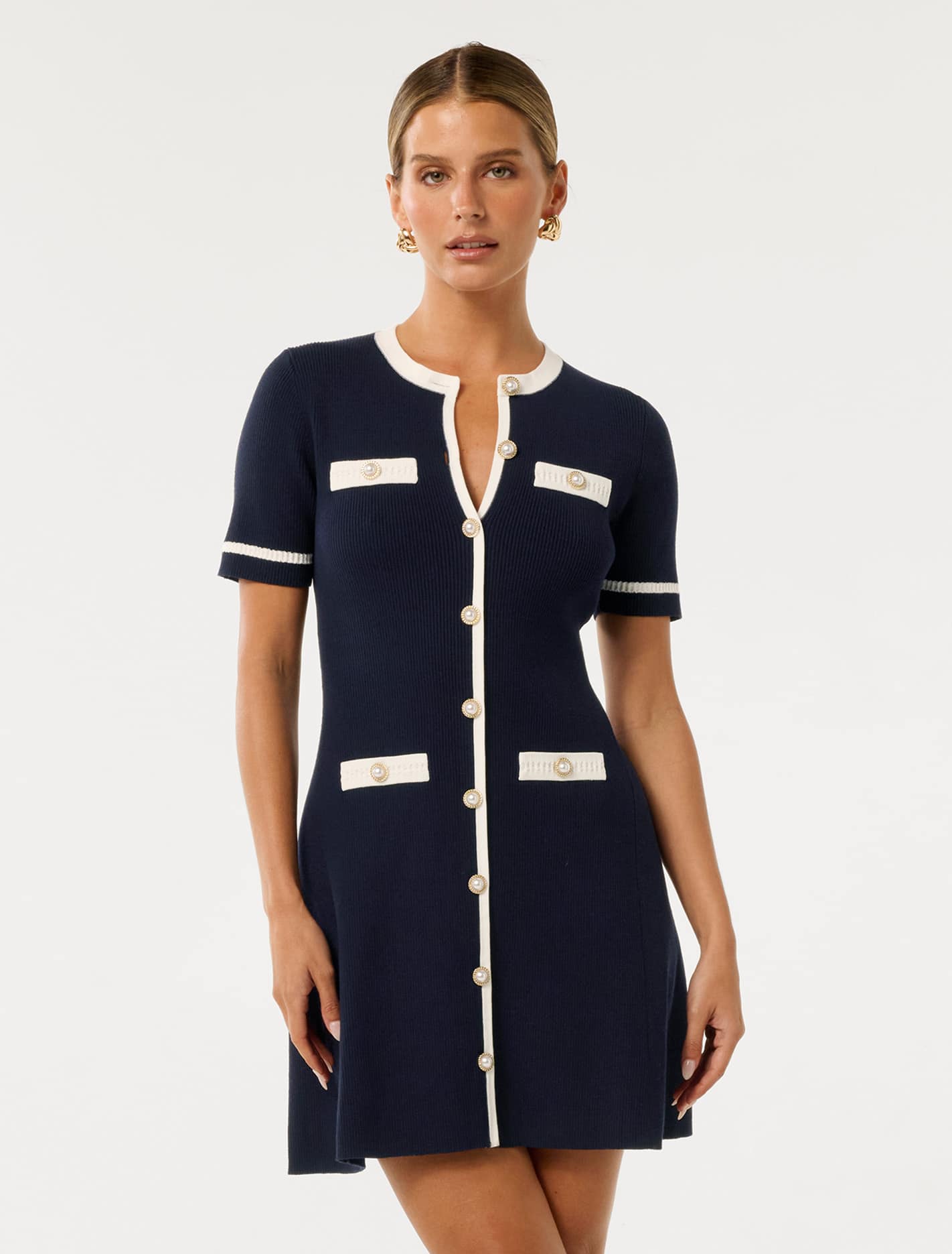 Kerry Petite Contrast Knit Mini Dress Navy/ Cream